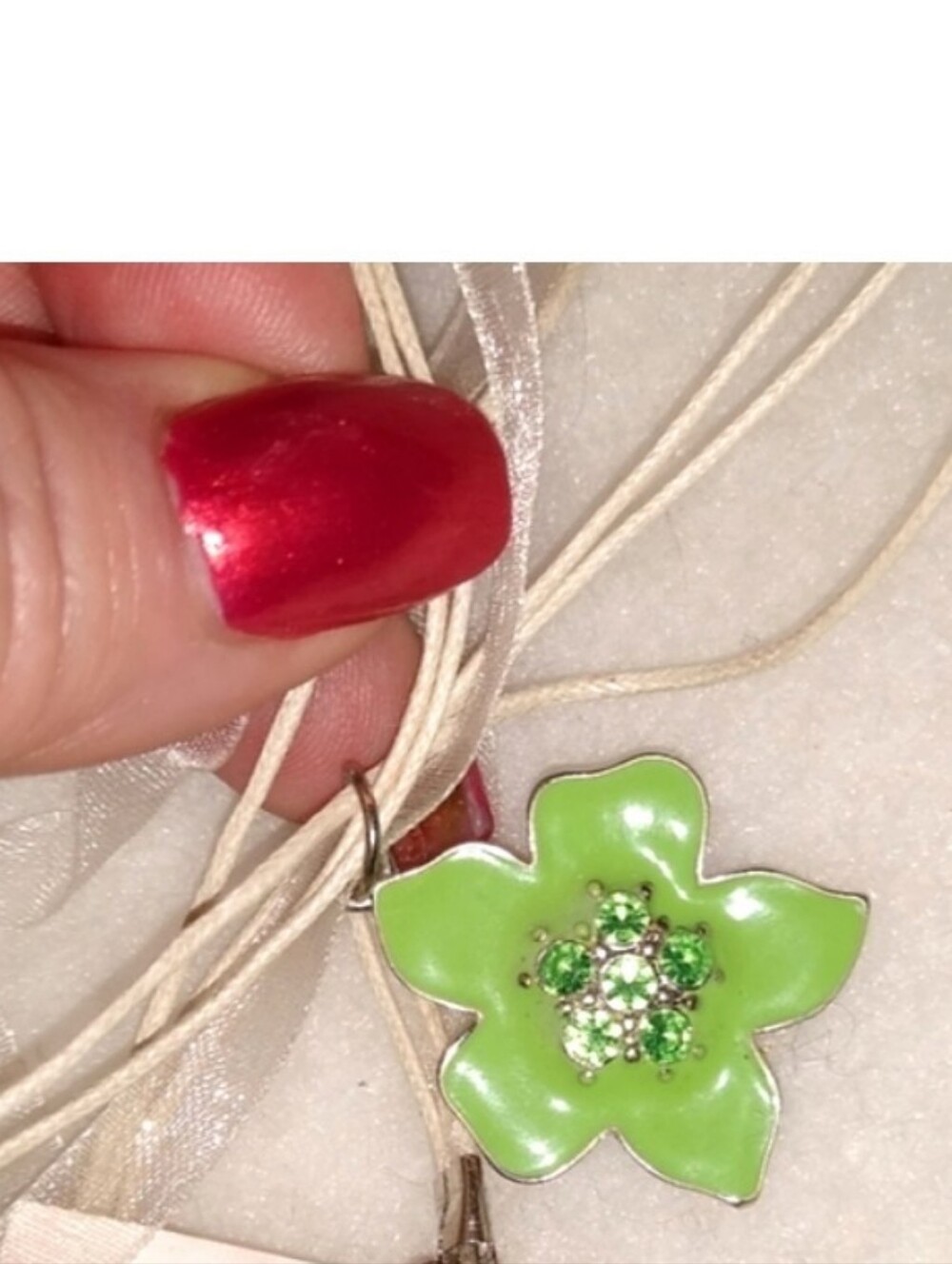 Green Enamel & Peridot Green Rhinestone Crystal Flower Pendant on Organza Ribbon